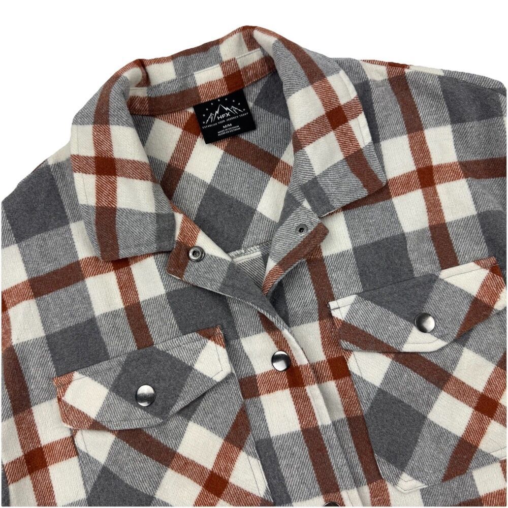 HFX Women’s M Plaid Flannel Shacket Gray Rust Snap Up Work Ranch Cabin Jacket
